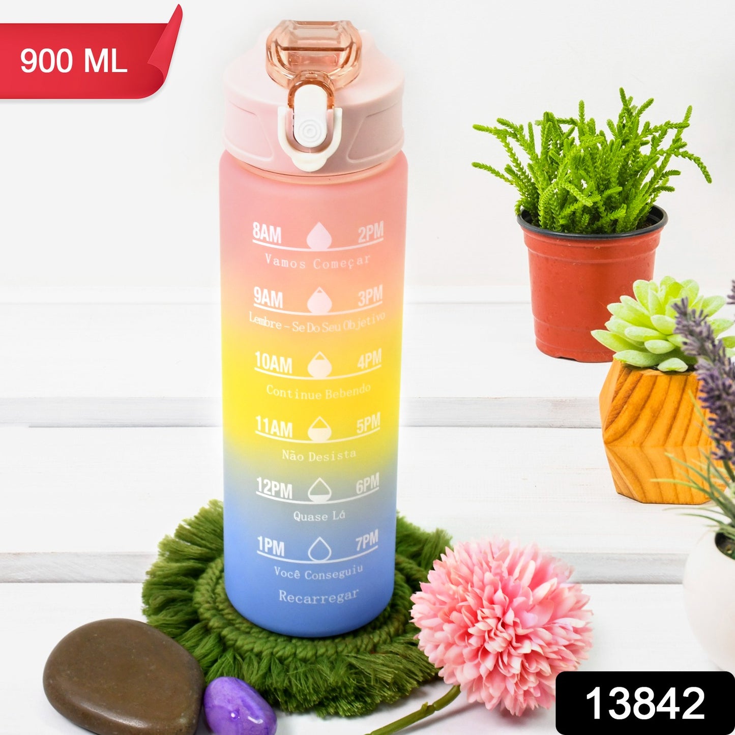 Plastic Colorful Motivational Water Bottle With Straw (900 Ml)